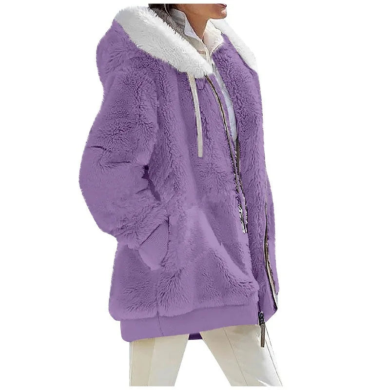 New Style Winter Fashion Women's Coat Casual Hooded Zipper Ladies Clothes Cashmere Women Fleece Jacket Solid Color Ladies Coats