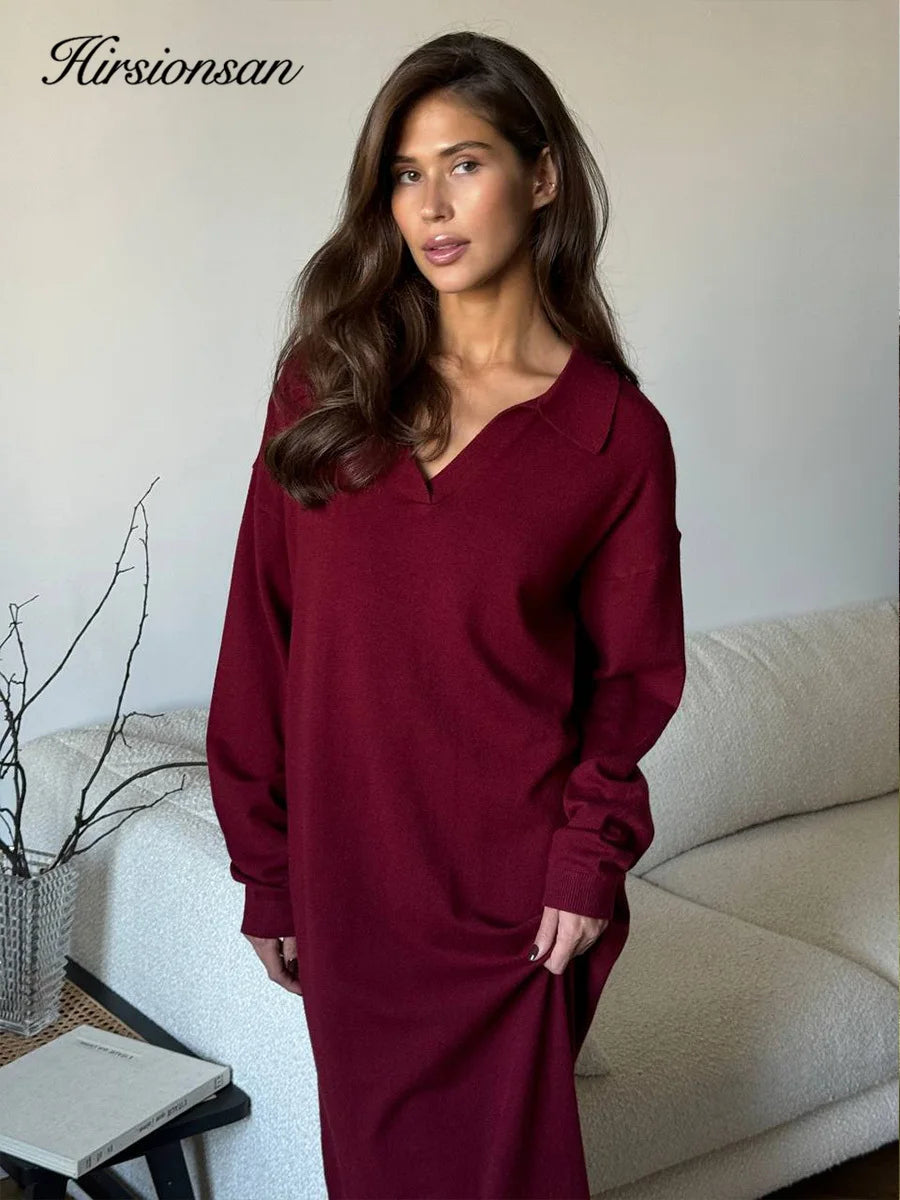 Hirsionsan Long Sleeve Autumn Winter Loose Polo Neck Sweater Dresses Women Soft Elegant Solid Knit Dress Female 2025 New Clothes