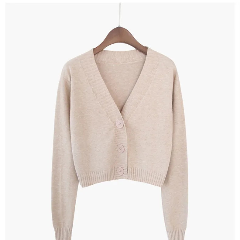 Knitted Cropped Cardigan Women Korean Short Sweater Long sleeve Crop Top V neck Fashion Y2k Clothes Green Blue