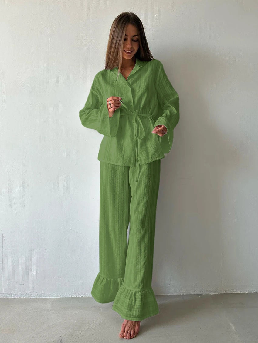 Marthaqiqiq Casual Women Nightgown 2 Piece Suit Long Sleeve Nightwear Turn-Down Collar Sleepwear Pants Loose Home Clothes Ladies