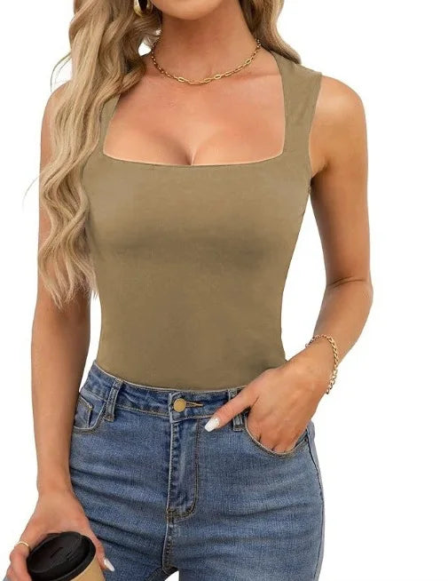 Sexy Slimming T-Shirts for Women Fashion Square Neck Sleeveless Tops Harajuku Tanks Woman Clothes Casual Top Tees Streetwear