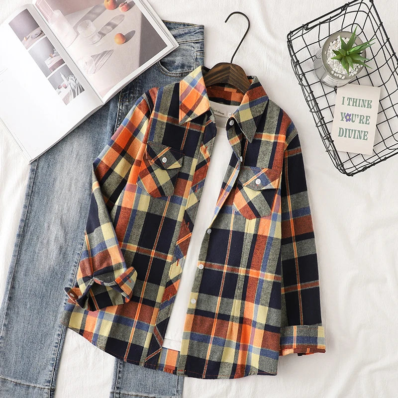 Cotton Flannel Plaid Shirts Women 2025 Autumn New Female Casual Slim Fit Long Sleeve  Blouses & Tops Ladies Checkered Clothes