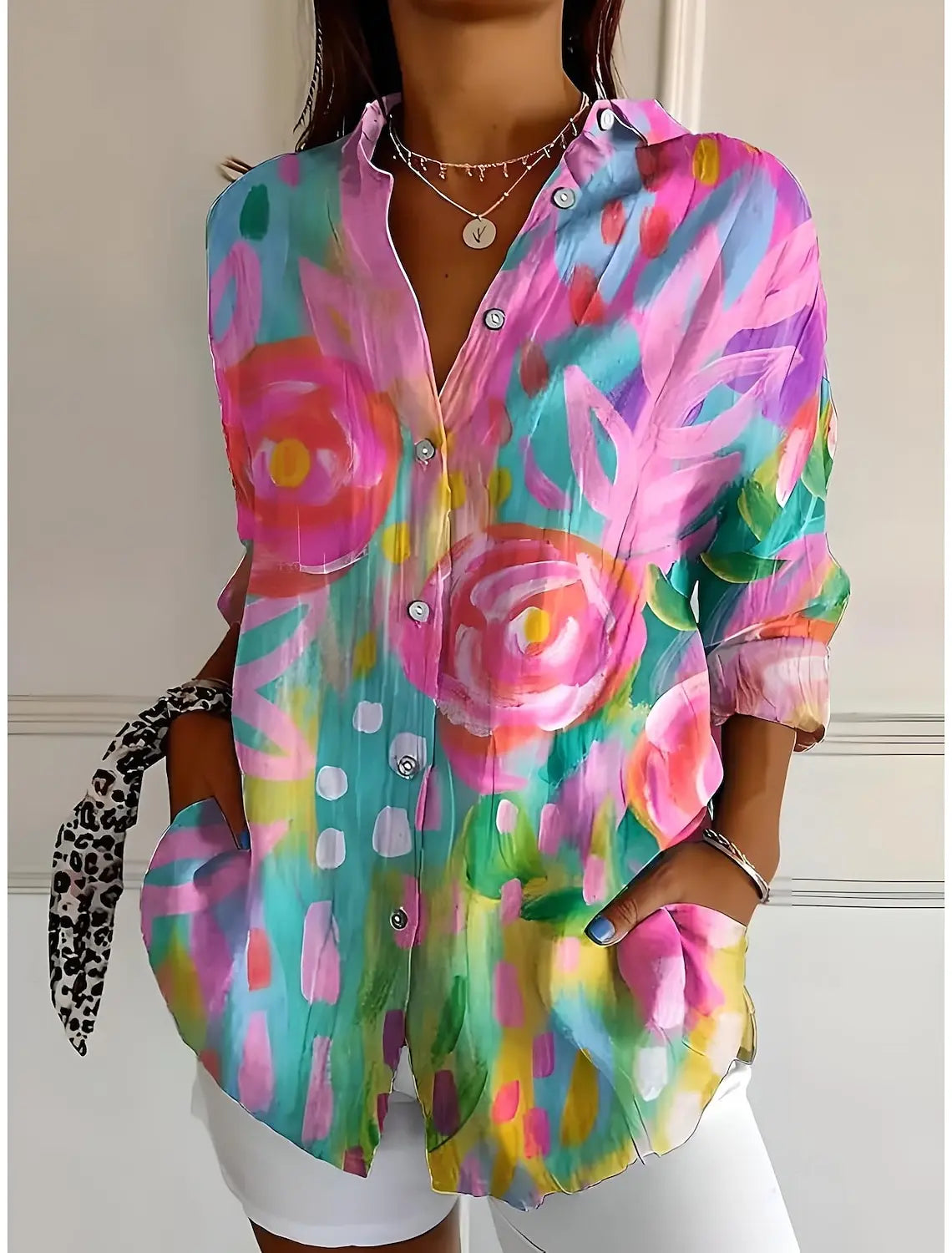 2025 Women's Shirts Ombre Floral Graphics Blouse  Lapel Neck Blouse Women's Long Sleeve Shirts Womens Clothes Female Clothing