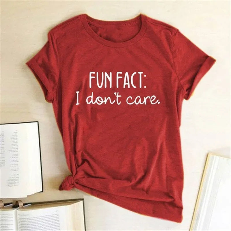 FUN FACT I DON'T CARE Print Women T Shirt Short Sleeve RoundNeck Loose Women Tshirt Ladies Tops Casual Summer Clothes