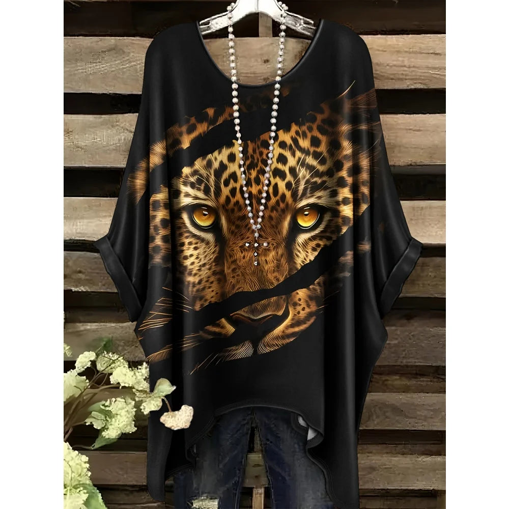2025 New Women's T-Shirt Fashion Leopard 3D Print Tops Summer Sexy Round Neck Short Sleeve Tee Street Casual Loose Woman Clothes