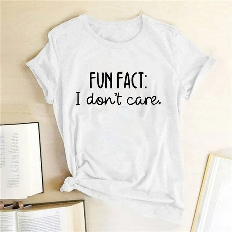 FUN FACT I DON'T CARE Print Women T Shirt Short Sleeve RoundNeck Loose Women Tshirt Ladies Tops Casual Summer Clothes