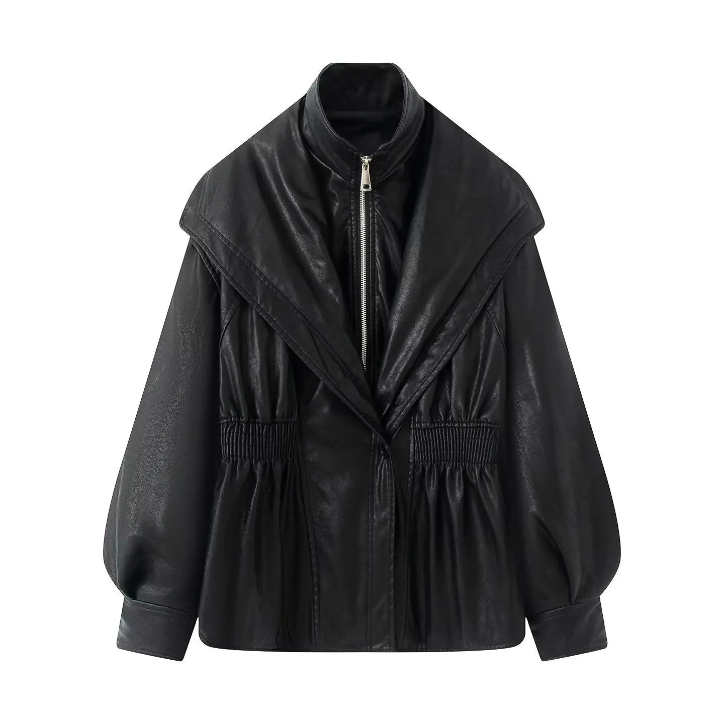 New Fall Winter High Street Warm Brown Zipper Pu Leather Jacket Women Casual Lapel Elastic Waist Cinching Coat Outwear Clothes