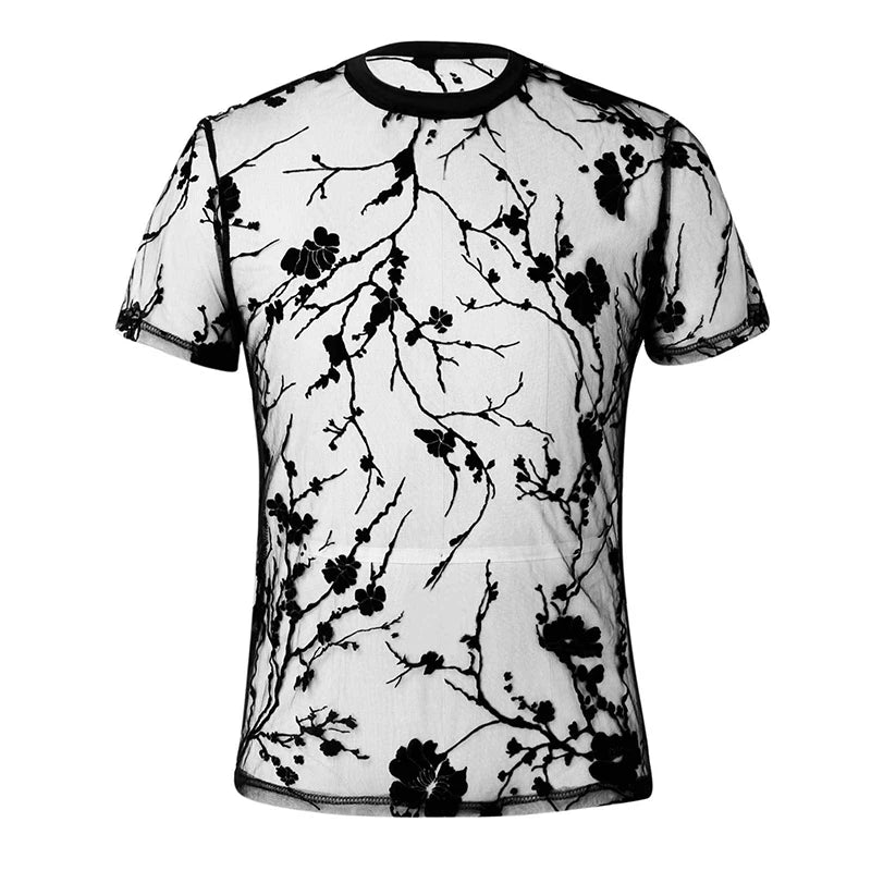 Summer Men's Clothing Mesh Lace Knit T-shirt Streetwear Hollow-Out O Neck Sweater Short Sleeve Tees Rose Printed Luxury Knitwear