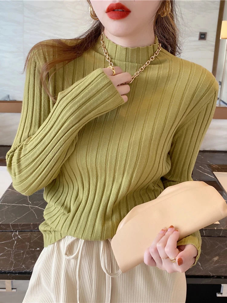 Autumn Winter Knitted Ribbed Turtleneck Sweater Women Clothes 2026 Long Sleeve Slim Basic Pullover Woman Sweaters Solid Tops