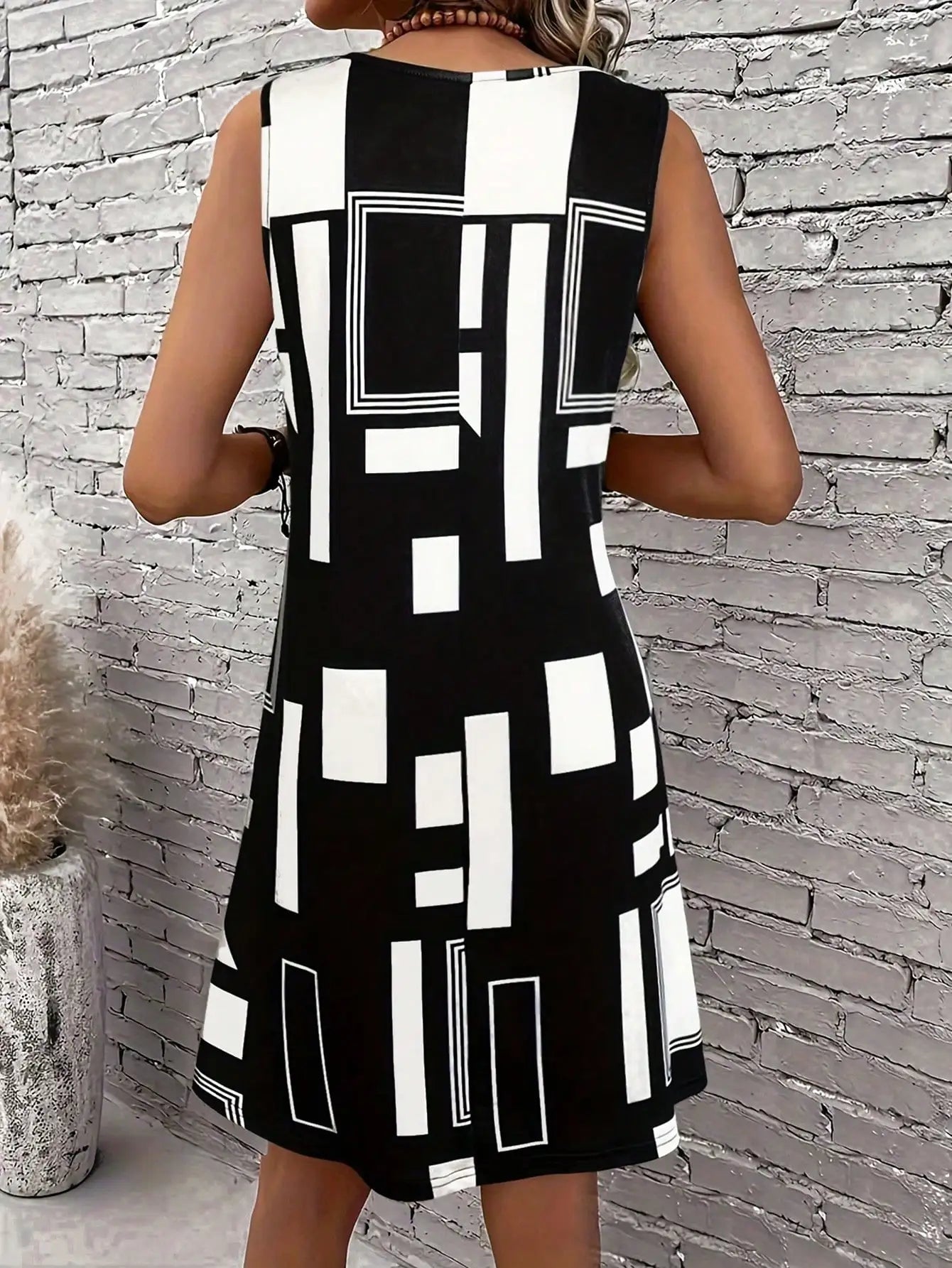 Geometric Pattern Sleeveless Dress For Women‘s Summer Clothes,Black Women Midi Dresses,daily dresses for women summer