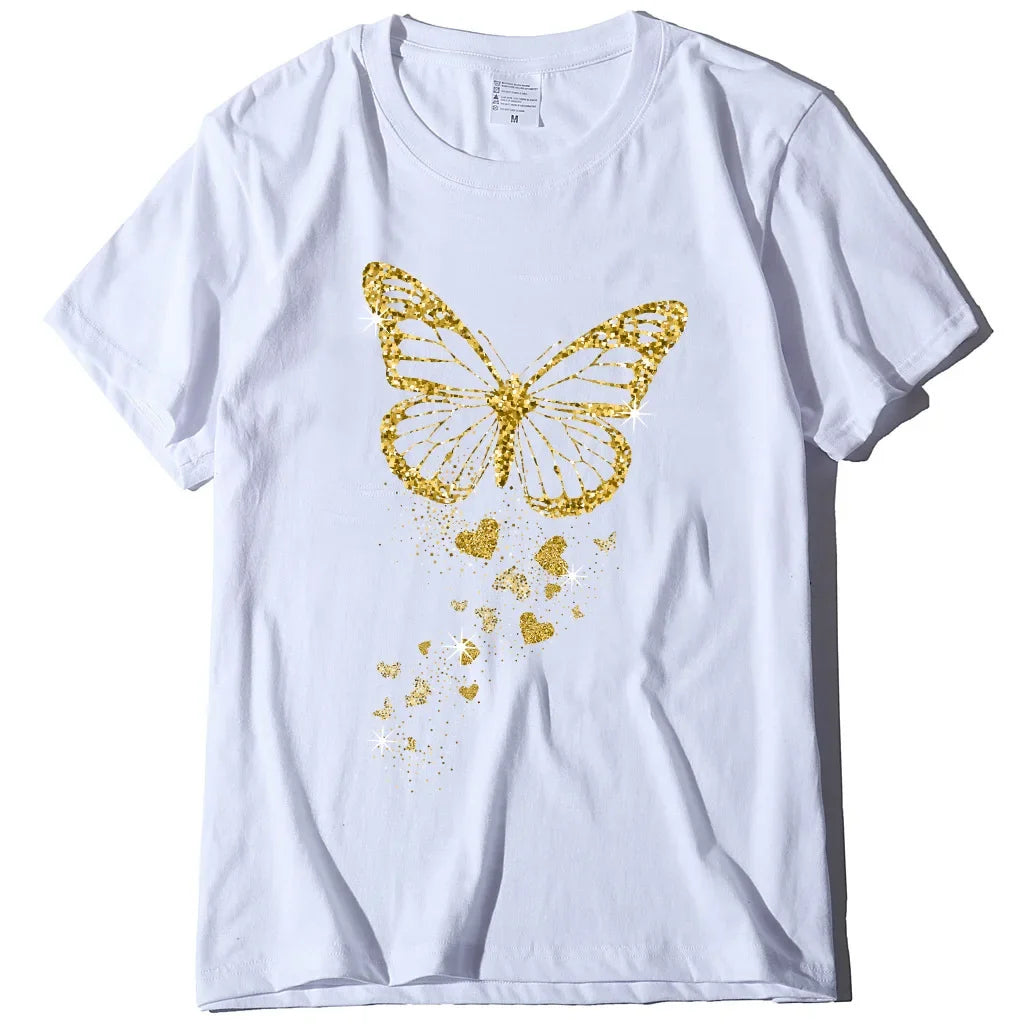 Golden Butterfly Print Women T Shirt Short Sleeve O Neck  Women Tshirt Ladies Tee Shirt Tops Clothes Camisetas Mujer Y2K Top