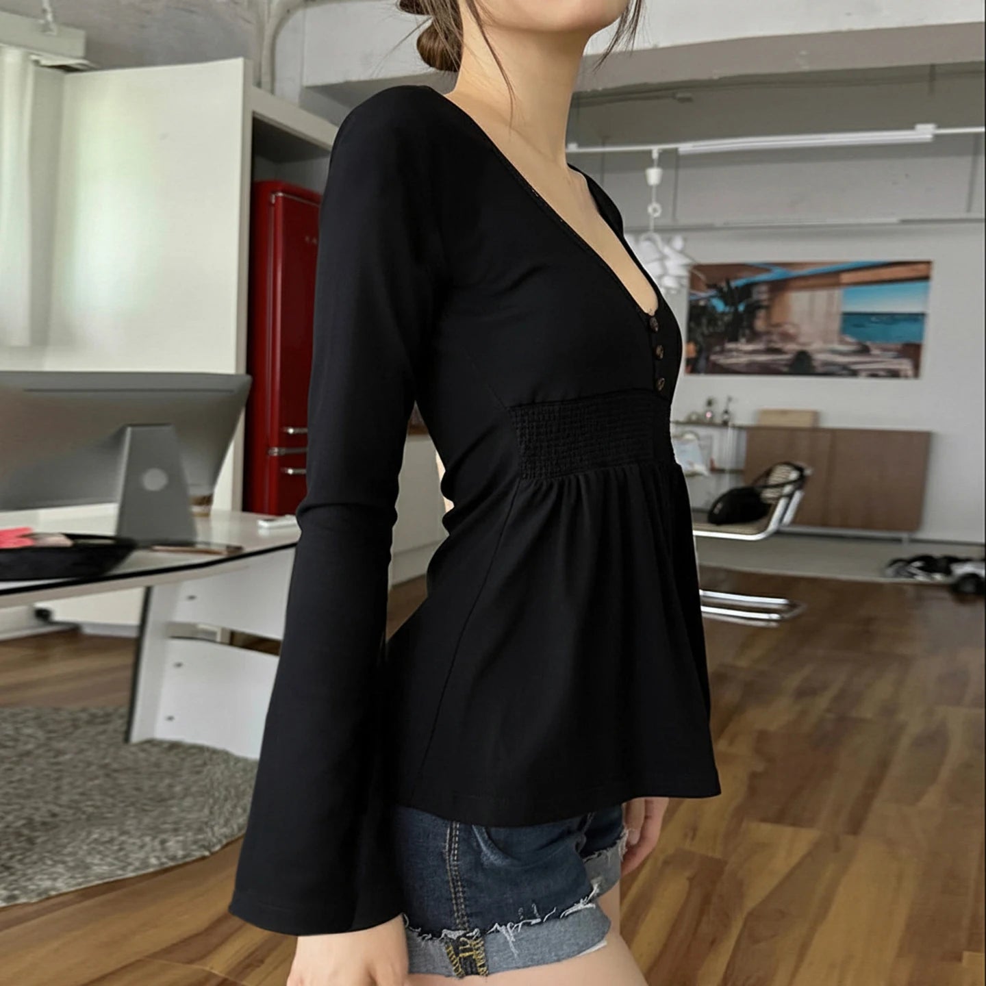 SUCHCUTE Women Solid Lace Trim Patchwork Button Flared Sleeves Shirt Casual V Neck Knit Top Y2k Aesthetic Fall Clothes Fairycore