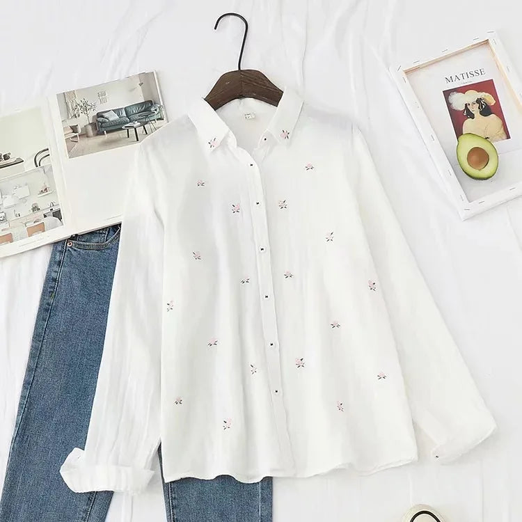 2024 Spring Autumn New Fresh Cotton Yarn Ladies Long Sleeve Shirt Flower Embroidered Women's Casual Shirt Female Blouse Clothes