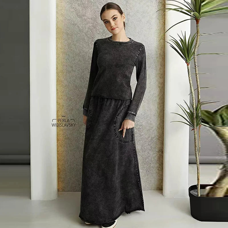 Fall season denim black women lady clothes maxi waisted skirt and long sleeves top set raw edges girl skirt with pockets