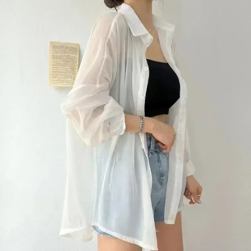 2025 Colors Shirts Women Sheer Thin Chic Summer Simple Solid Sun-proof Temper Fashion Baggy All-match Basic Korean Style Clothes