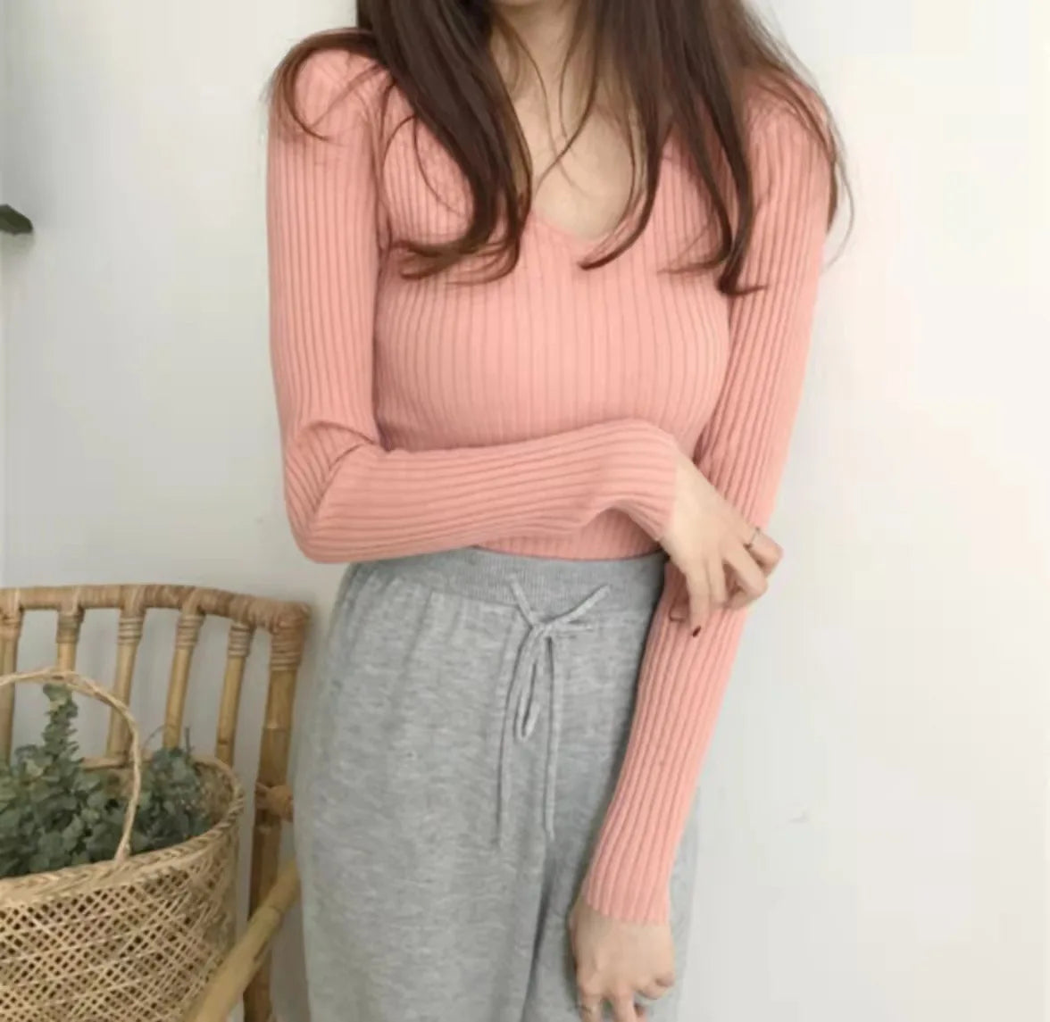 2026 Korean Autumn Winter V Neck Sweater Fashion Casual Long Sleeve Knitted Sweaters Solid Color Slim Pullovers Women Clothes