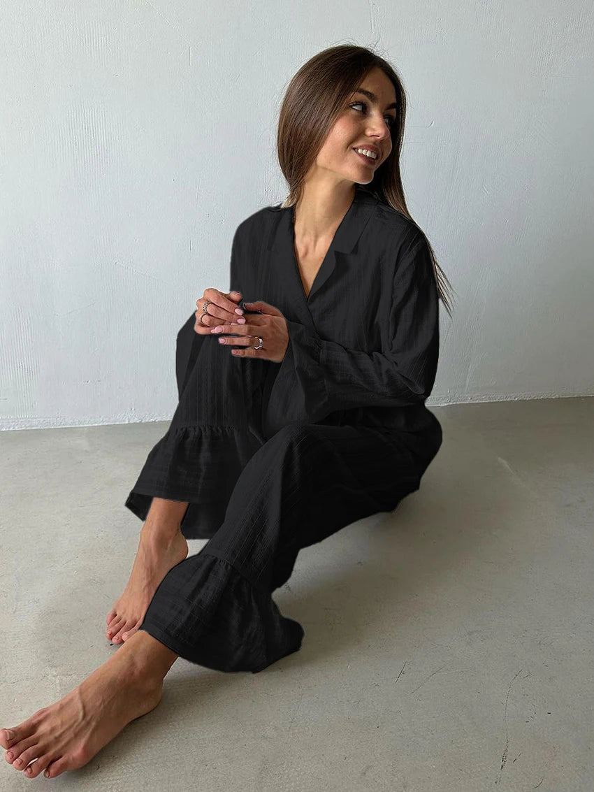 Marthaqiqiq Casual Women Nightgown 2 Piece Suit Long Sleeve Nightwear Turn-Down Collar Sleepwear Pants Loose Home Clothes Ladies