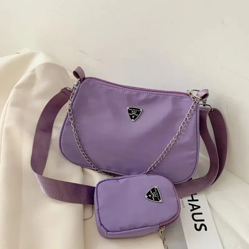 2-Piece Nylon Shoulder Bag Set: Chic Solid Color Handbags with Chain Strap for Daily Use & Travel
