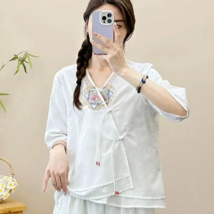 Casual Loose Blouse Shirt Women Clothes Summer Cotton Linen Ladies Tops Tee Blusas Vintage Embroidery Woman Shirt Camiseta Mujer