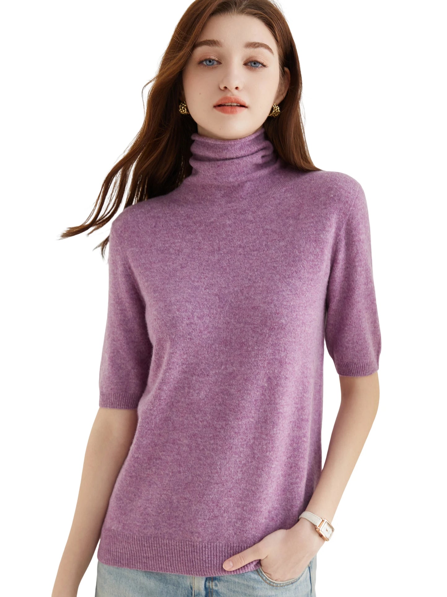 Women's Knit Tops Short Sleeve Fashion Women Sweaters New 100% Merino Wool Knitwears Vintage Sweater Turtleneck Pullover Clothes