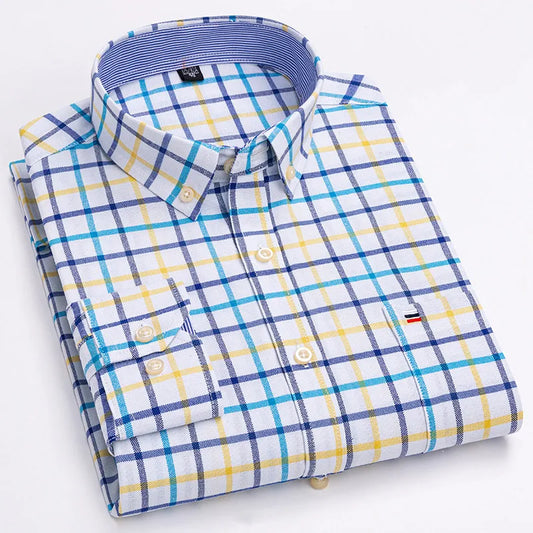 Men's 100% Cotton Shirt Long Sleeve Plaid Oxford Casual Solid Color Print Regular Fit Formal Dress Shirt Oversized 7XL  6XL 5XL