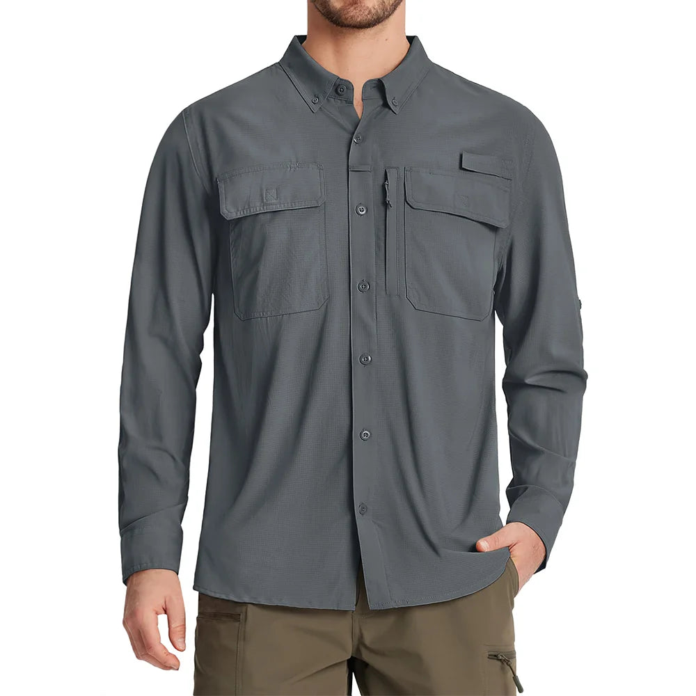 TACVASEN UPF 50+ Sun Protection Fishing Shirts Men's Quick Dry Long Sleeve Shirts Mesh Breathable Hiking Work Cargo Shirts