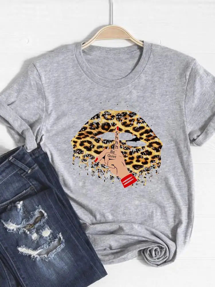 Tee Basic Clothing Women Clothes Print T Shirt Leopard Love Heart Trend Cute Summer Top Fashion Short Sleeve Graphic T-shirt
