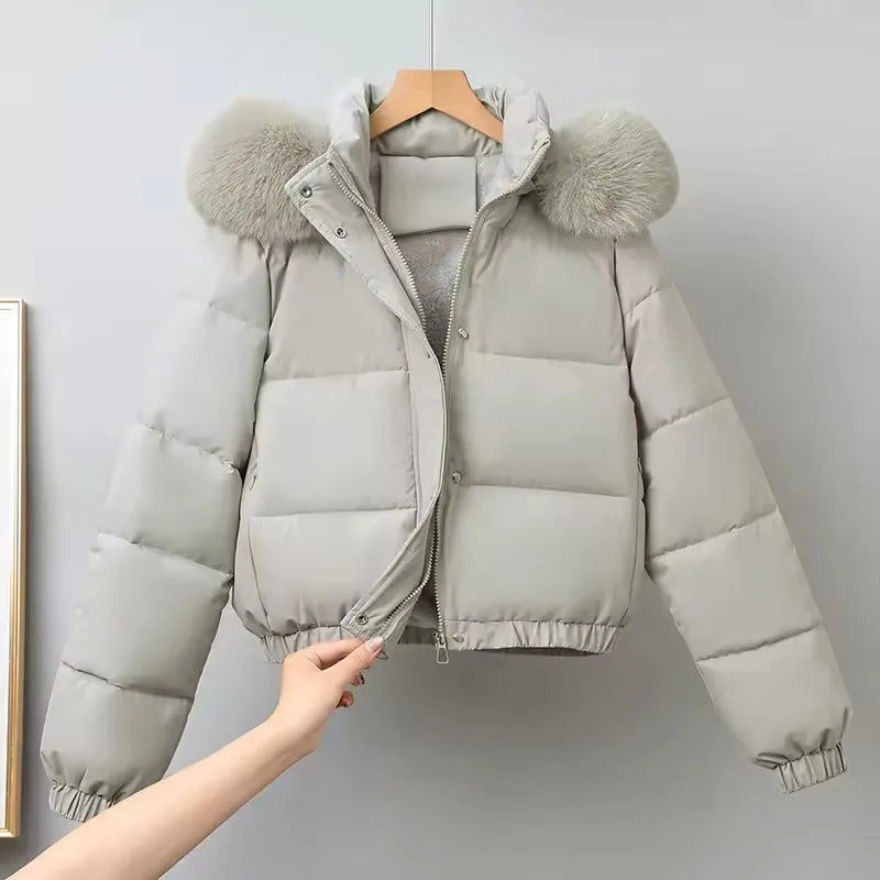 Winter Short Parkas Women's Cotton-padded Clothes Fleece Lining Thicken Warm Outerwear Fur Collar Removable Hooded Quilted Coat