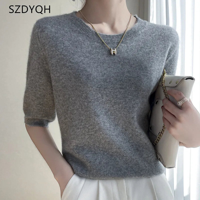 Women 100% Cashmere Sweater T-shirt 2023 New Short Sleeve Pullover Spring O-Neck Basic Jumper For Female Soft Shirt Girl Clothes