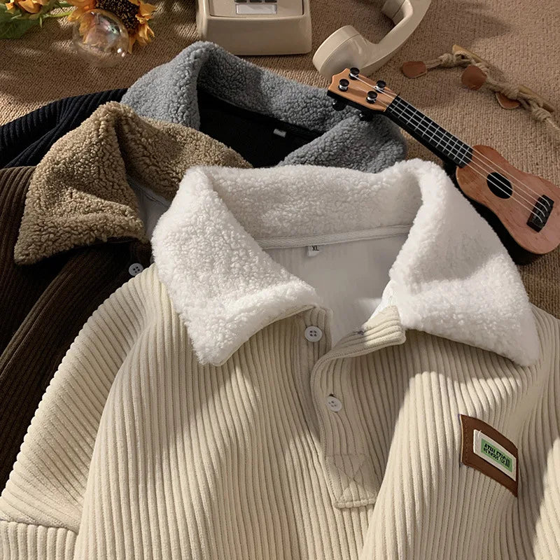 CGC Harajuku Corduroy Polo Neck Sweatshirt Warm Plush Lambswool Hoodies Women Casual Pullovers Outerwears Autumn Winter Clothes
