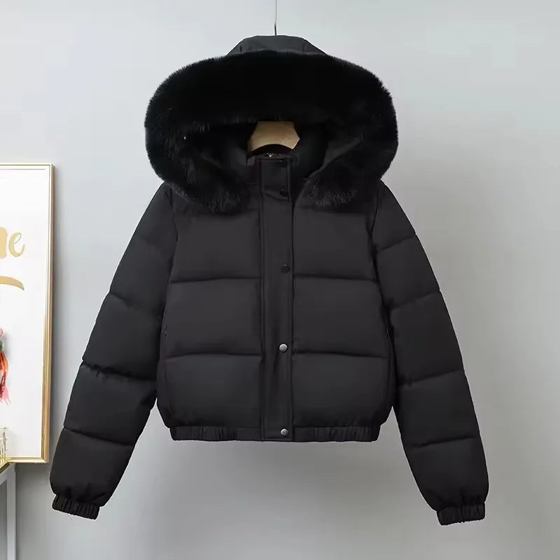 Winter Short Parkas Women's Cotton-padded Clothes Fleece Lining Thicken Warm Outerwear Fur Collar Removable Hooded Quilted Coat