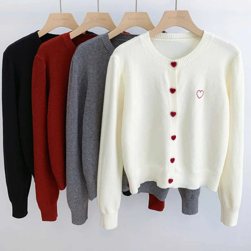 Women O-Neck Single Breasted Heart Button Sweater 2026 Bow Embroidery Knitted Cardigan Korean Casual Solid Tops Woman Clothes 45
