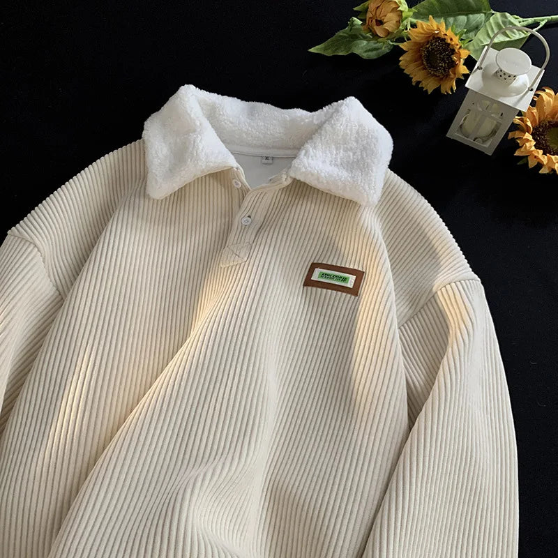 CGC Harajuku Corduroy Polo Neck Sweatshirt Warm Plush Lambswool Hoodies Women Casual Pullovers Outerwears Autumn Winter Clothes