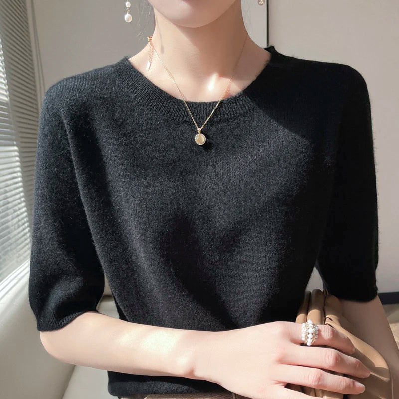 Women 100% Cashmere Sweater T-shirt 2023 New Short Sleeve Pullover Spring O-Neck Basic Jumper For Female Soft Shirt Girl Clothes