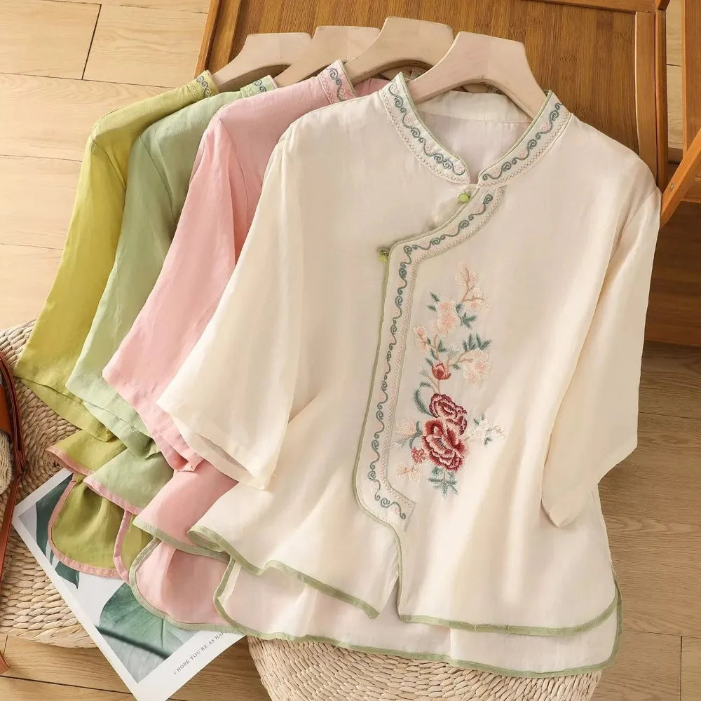 Casual Loose Blouse Shirt Women Clothes Summer Cotton Linen Ladies Tops Tee Blusas Vintage Embroidery Woman Shirt Camiseta Mujer