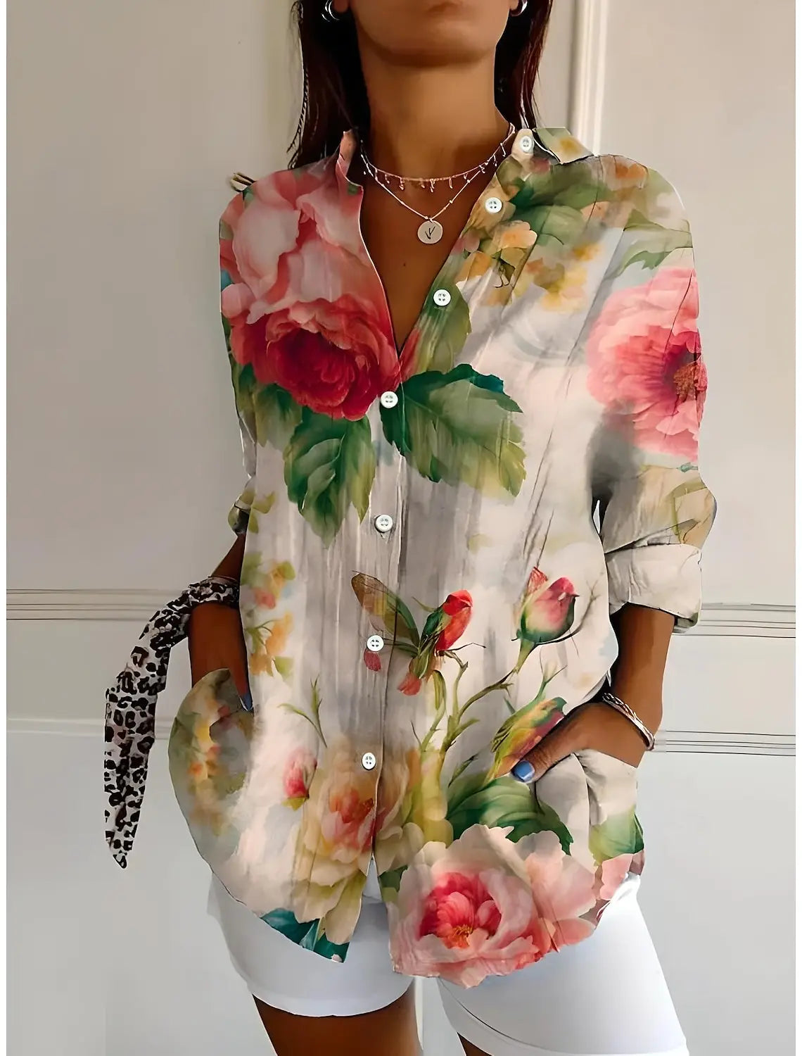 2025 Women's Shirts Ombre Floral Graphics Blouse  Lapel Neck Blouse Women's Long Sleeve Shirts Womens Clothes Female Clothing