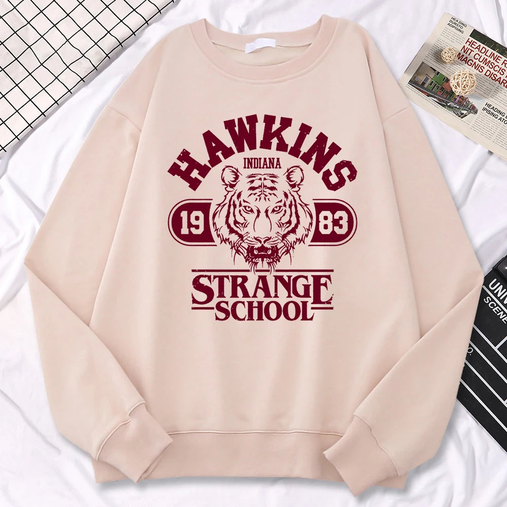 Casual Street Womens Sweatshirt Hawkins High School Indiana 1983 Printing Hoodies Loose Crewneck Pullovers Warm Fleece Clothes