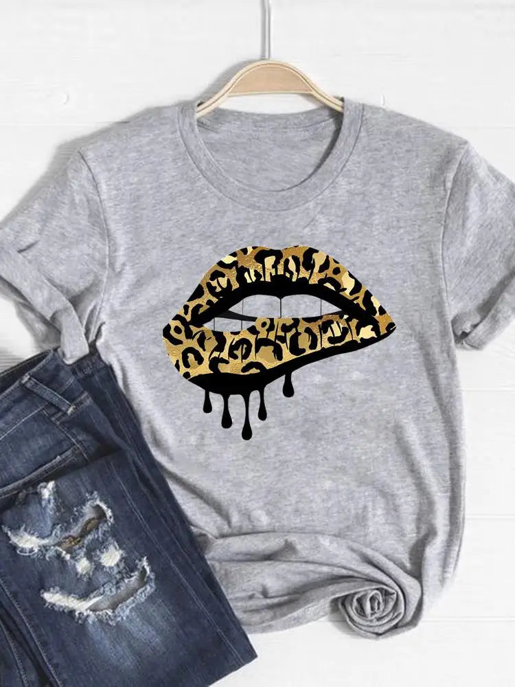 Tee Basic Clothing Women Clothes Print T Shirt Leopard Love Heart Trend Cute Summer Top Fashion Short Sleeve Graphic T-shirt