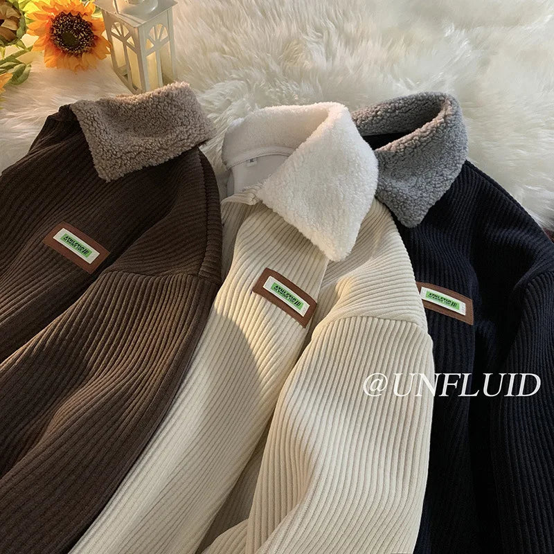 CGC Harajuku Corduroy Polo Neck Sweatshirt Warm Plush Lambswool Hoodies Women Casual Pullovers Outerwears Autumn Winter Clothes