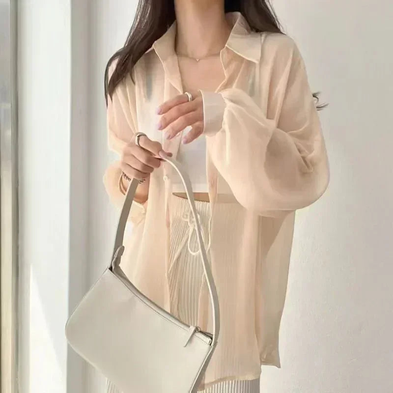 2025 Colors Shirts Women Sheer Thin Chic Summer Simple Solid Sun-proof Temper Fashion Baggy All-match Basic Korean Style Clothes