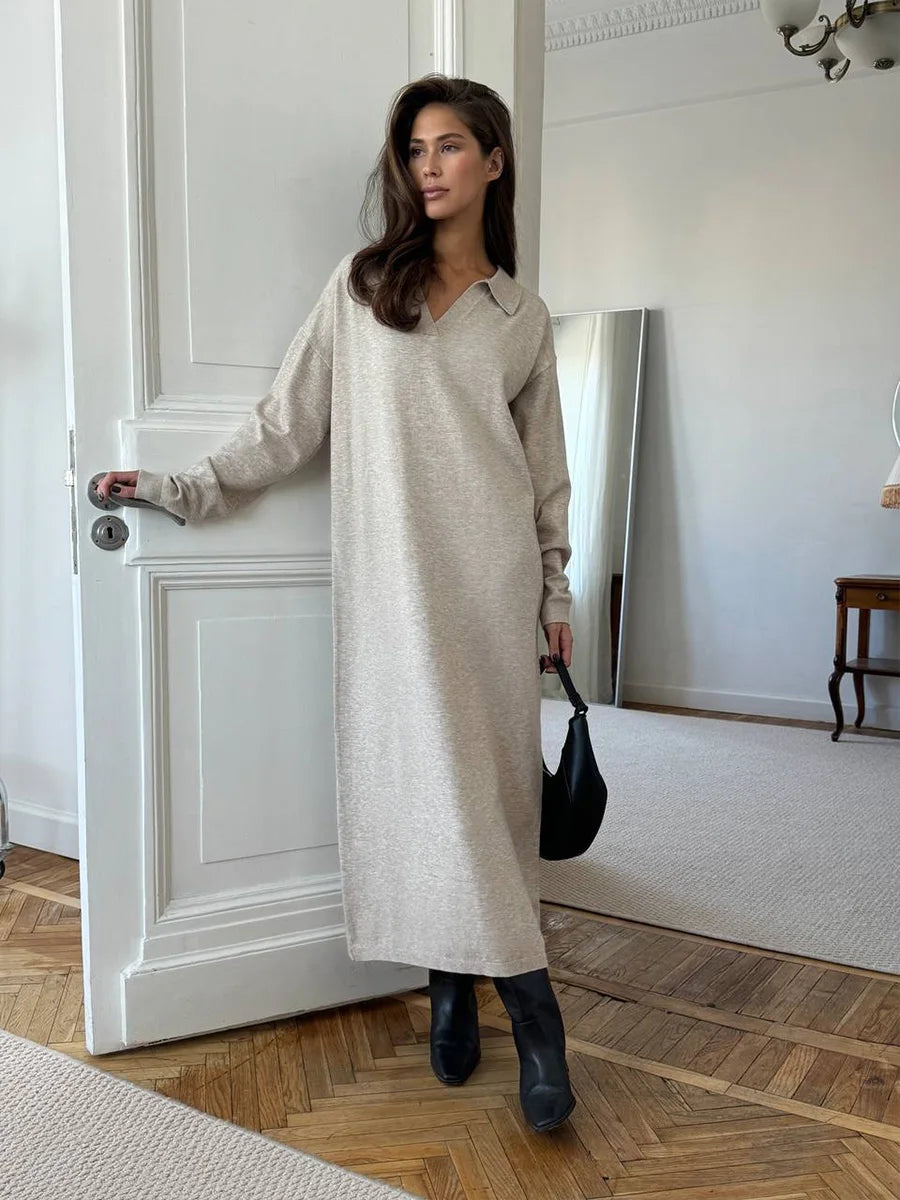 Hirsionsan Long Sleeve Autumn Winter Loose Polo Neck Sweater Dresses Women Soft Elegant Solid Knit Dress Female 2025 New Clothes