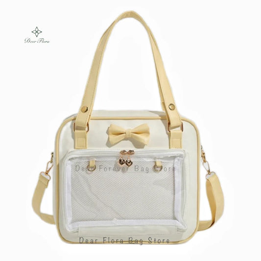 Y2K Cute Bow Ita Bag Girl Transparent Messenger Bag Women Fashion Shoulder Crossbody Bag Ladys DIY Badge Tote Bag Lolita Handbag