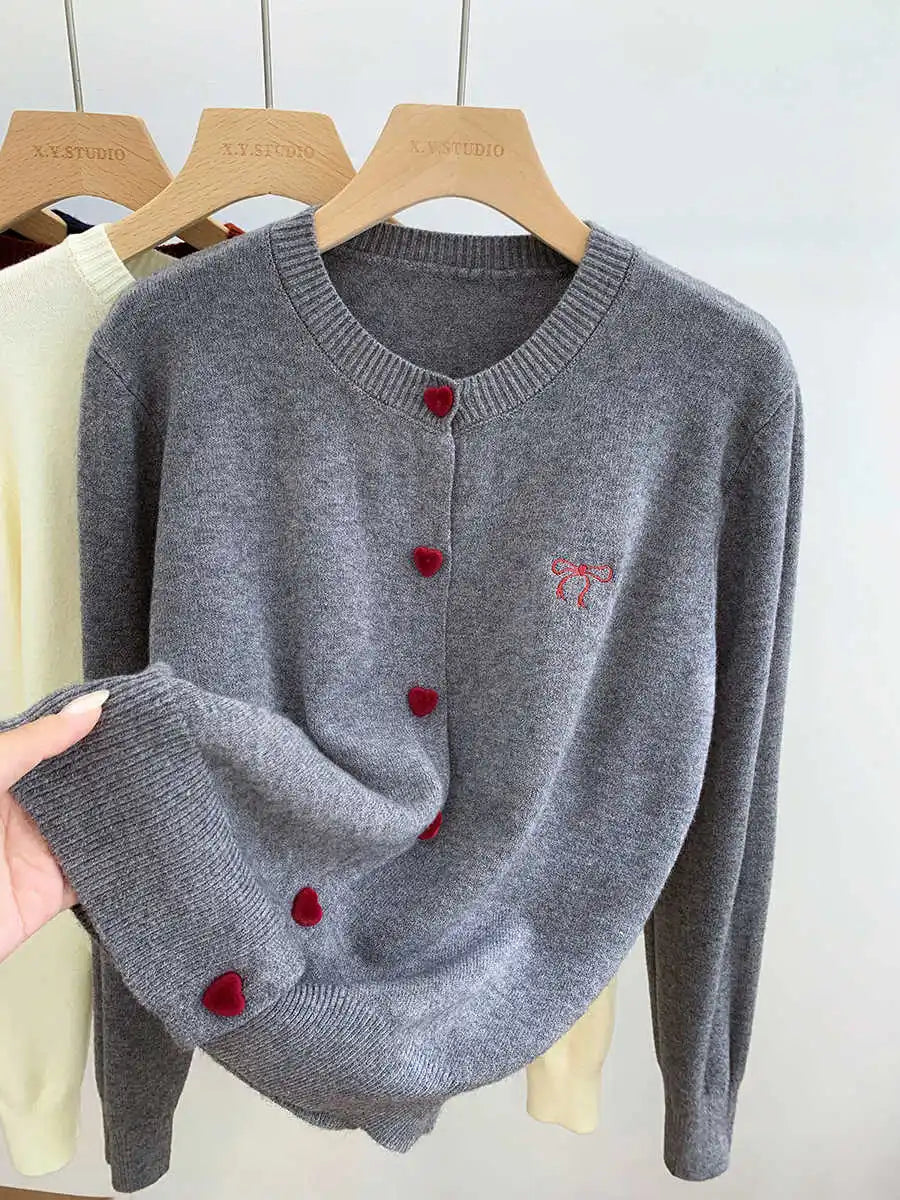 Women O-Neck Single Breasted Heart Button Sweater 2026 Bow Embroidery Knitted Cardigan Korean Casual Solid Tops Woman Clothes 45