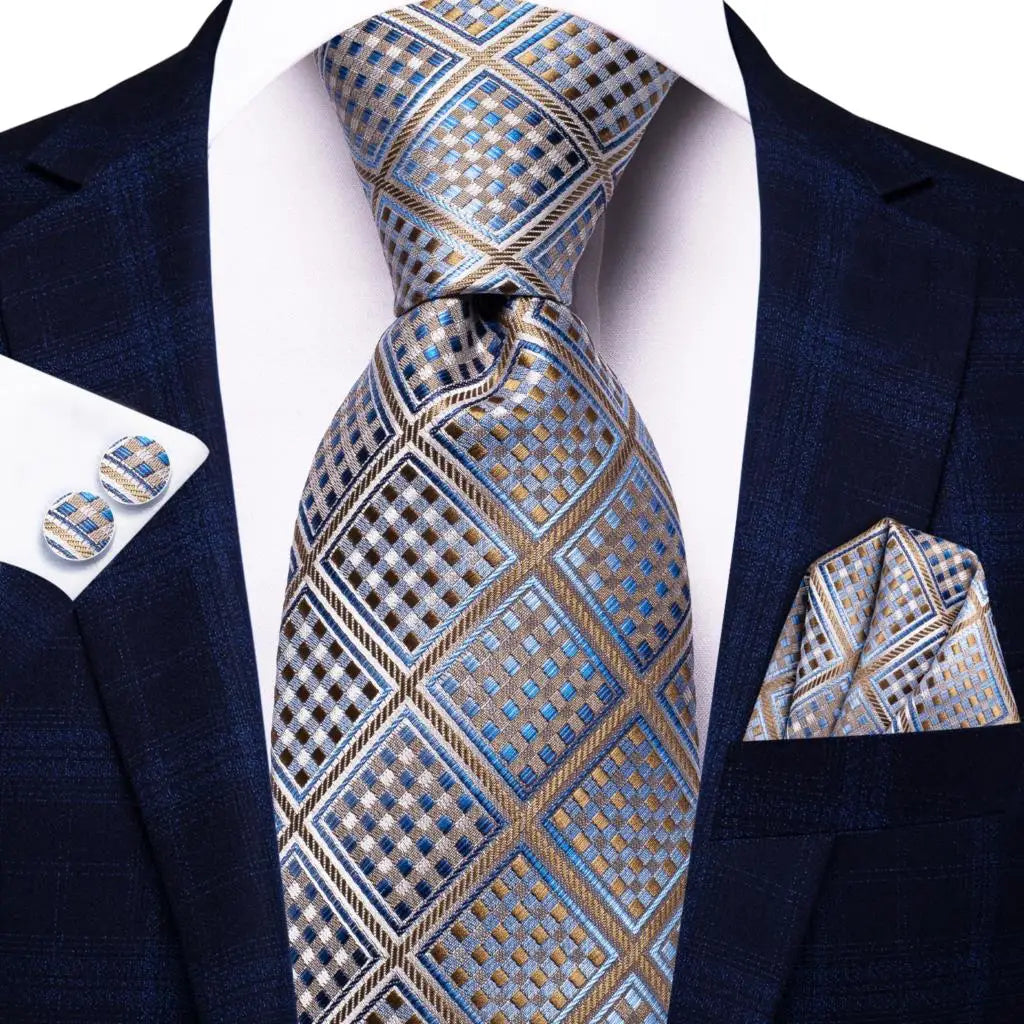 Hi-Tie Champagne Floral Paisley Silk Elegant Tie For Men Groom Wedding Men Necktie Pocket Square Cufflink Accessory Wholesale
