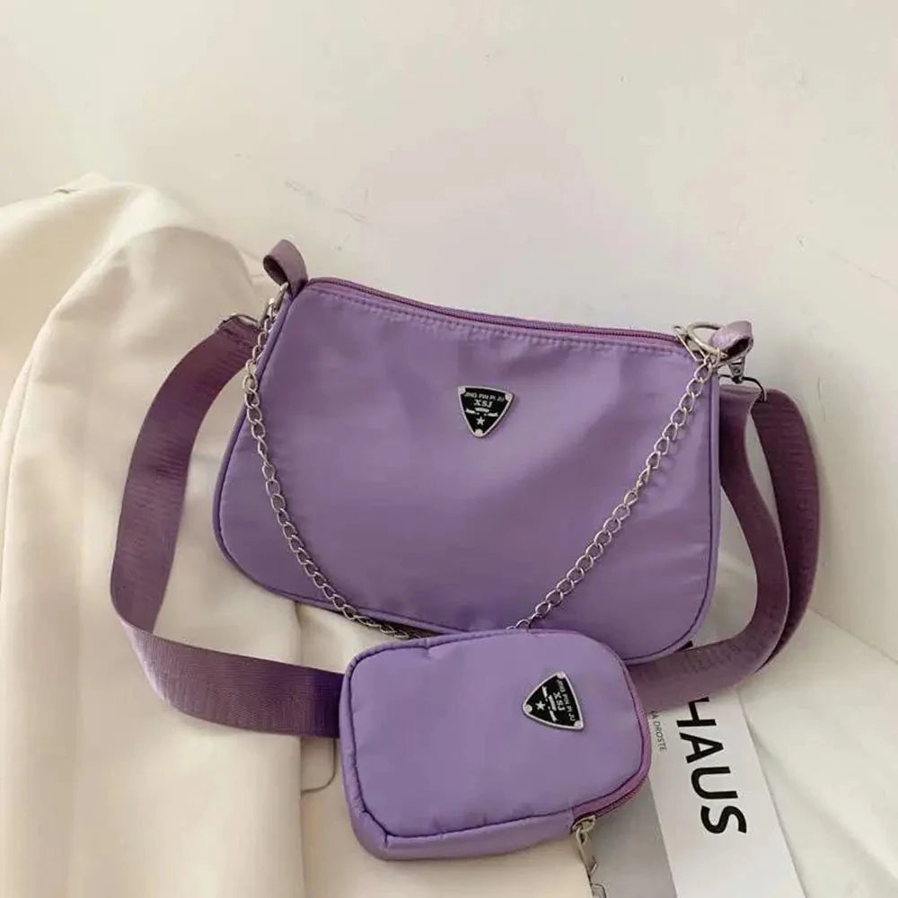 2-Piece Nylon Shoulder Bag Set: Chic Solid Color Handbags with Chain Strap for Daily Use & Travel
