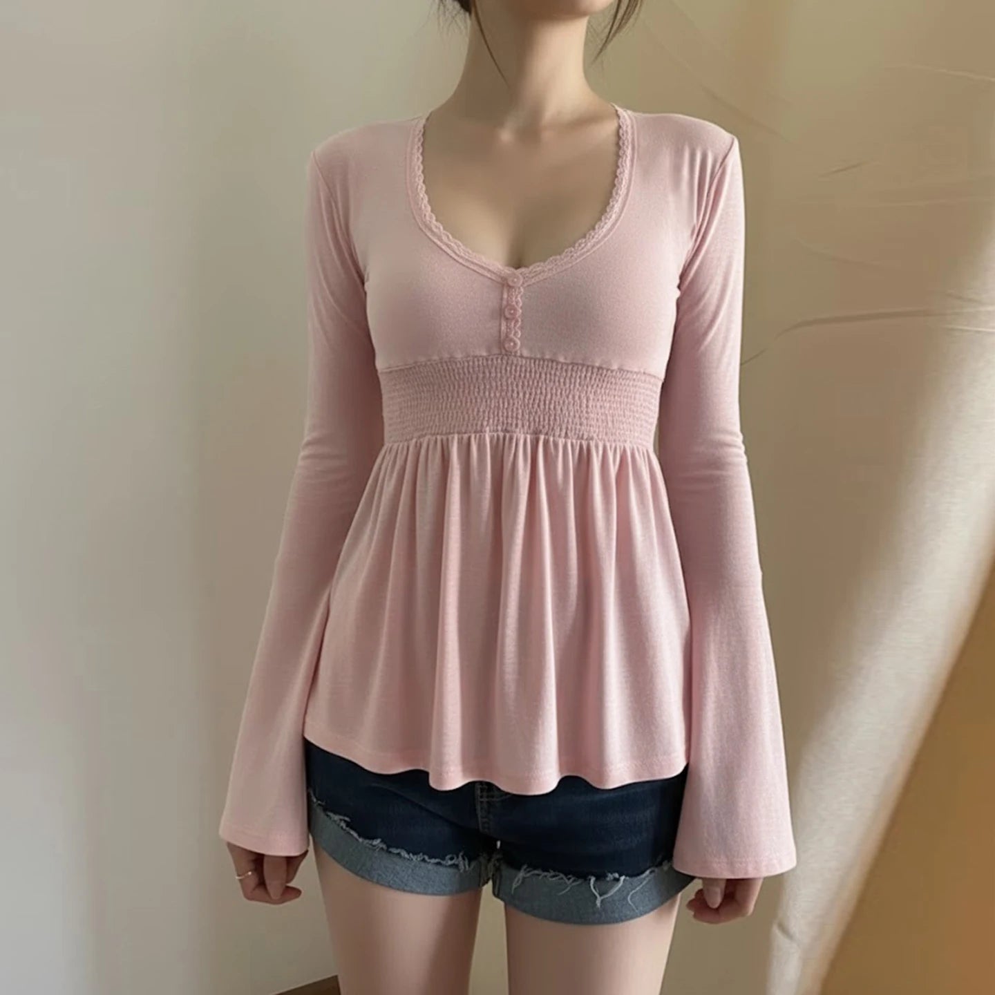 SUCHCUTE Women Solid Lace Trim Patchwork Button Flared Sleeves Shirt Casual V Neck Knit Top Y2k Aesthetic Fall Clothes Fairycore