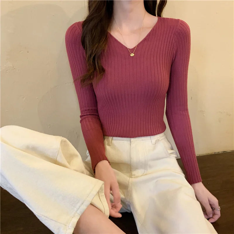 2026 Korean Autumn Winter V Neck Sweater Fashion Casual Long Sleeve Knitted Sweaters Solid Color Slim Pullovers Women Clothes