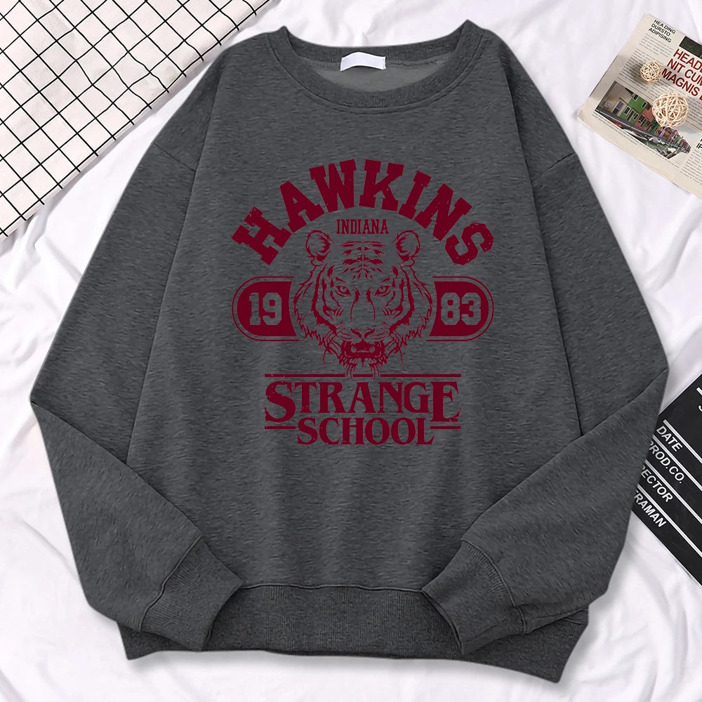 Casual Street Womens Sweatshirt Hawkins High School Indiana 1983 Printing Hoodies Loose Crewneck Pullovers Warm Fleece Clothes