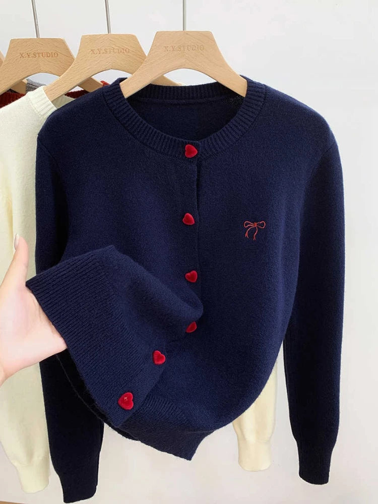 Women O-Neck Single Breasted Heart Button Sweater 2026 Bow Embroidery Knitted Cardigan Korean Casual Solid Tops Woman Clothes 45