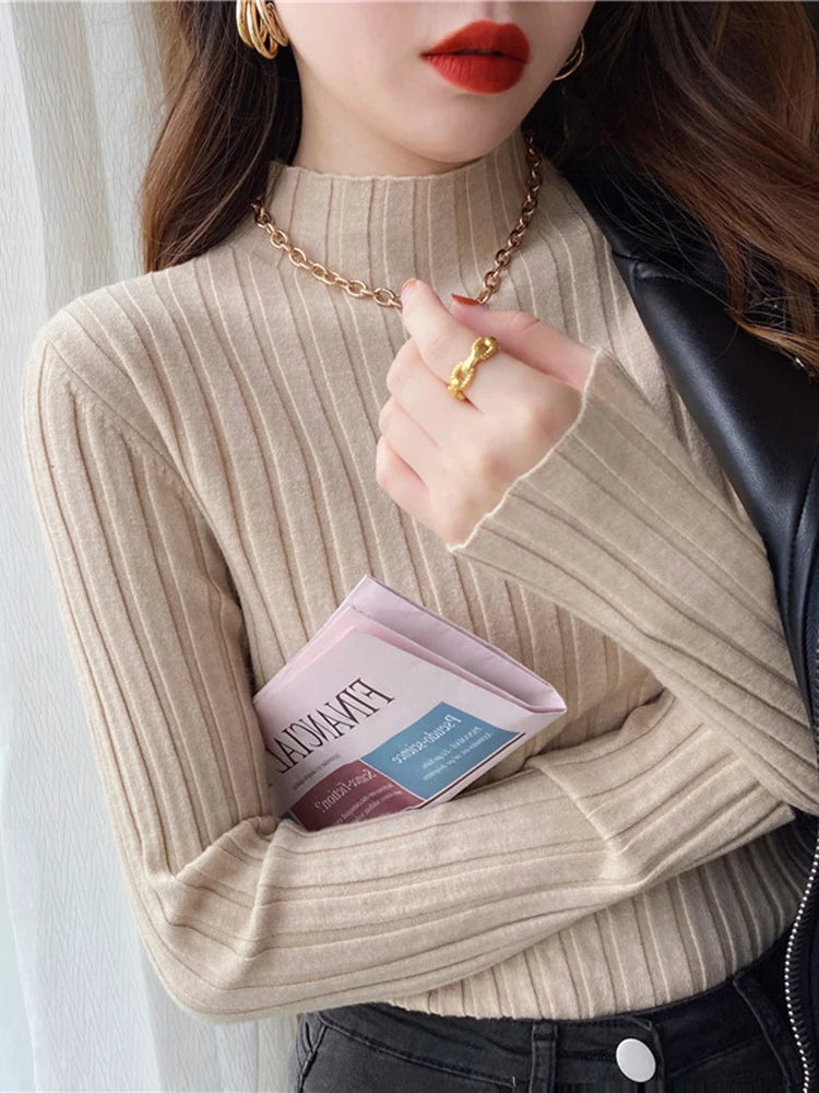 Autumn Winter Knitted Ribbed Turtleneck Sweater Women Clothes 2026 Long Sleeve Slim Basic Pullover Woman Sweaters Solid Tops
